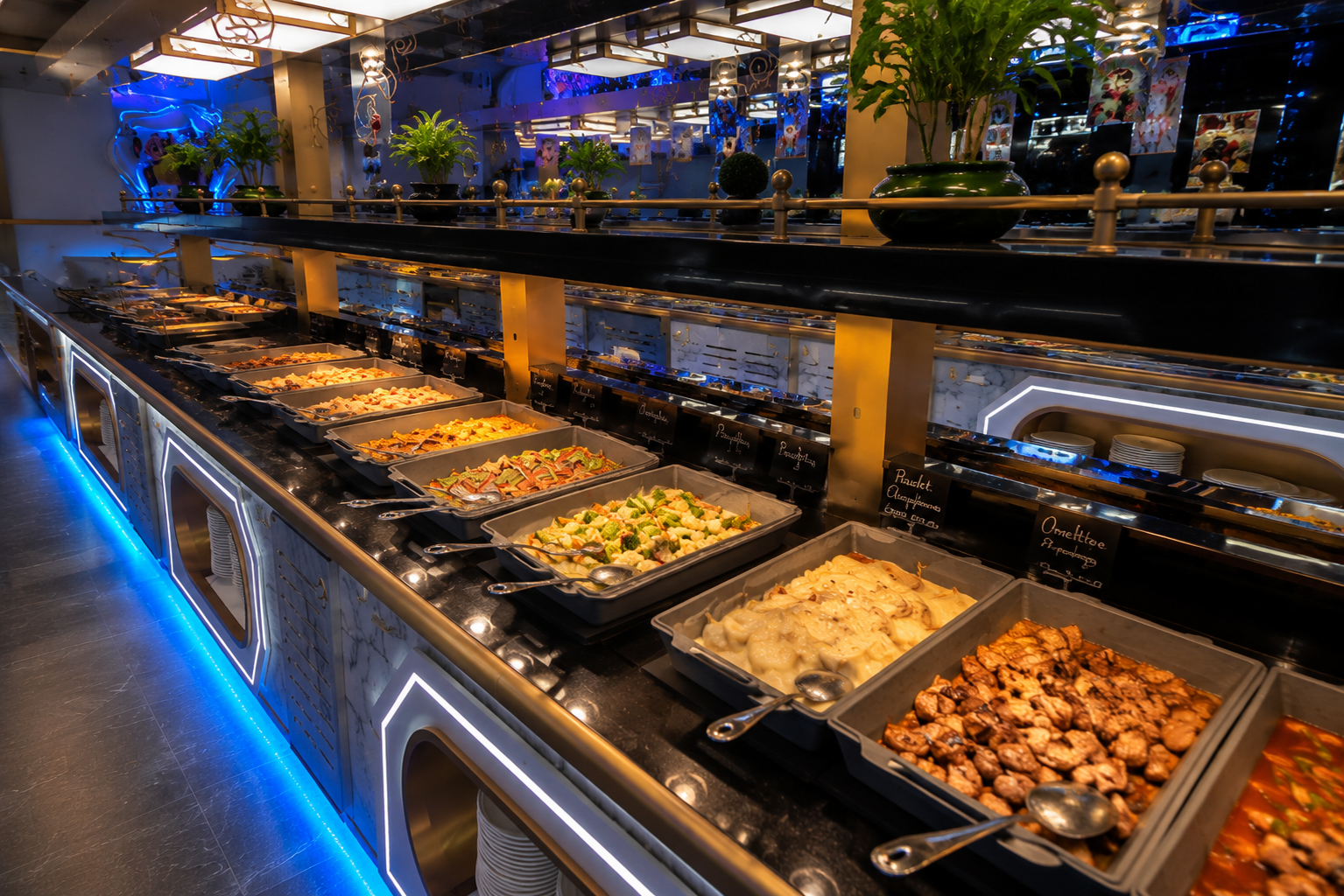 Comptoir de wok et grillades teppanyaki éclairé d'azur